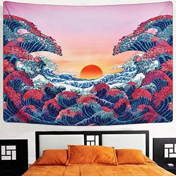 Doma Boho Dekor Ocean Val Tapiserija, sončni Zahod, Tapiserija, 3D Velik Val Tapiserija, Japonski Tapestrys za Prostor Estetski Soba Dekor