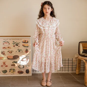 Teen Dekleta Cvet Tiskanja Šifon Obleko z Dolgimi Rokavi korejskem slogu Dolge Obleke 2021 Novo 8 10 12 13 14 let