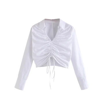 2021 pomlad Ženske priložnostne bele Bluze Mujer dolg Rokav Popka izpostavljeni vrh Slim Lady Vrvico Globoko v vratu, Kratka majica Femme