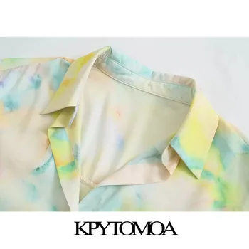 KPYTOMOA Ženske 2021 Moda Tie-Dye Tiskanja Mehki Vintage Bluze z Dolgimi Rokavi, Gumb-up Ženske Majice Blusas Elegantna Vrhovi