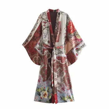 TRAF Za Mozaik Dolgo Ženska Kimono Letnik Tiskanja Pasu Dolg Rokav Bluzo Ženske Kimonos Poletje 2021 Japonski Plaži Kimono Vrh