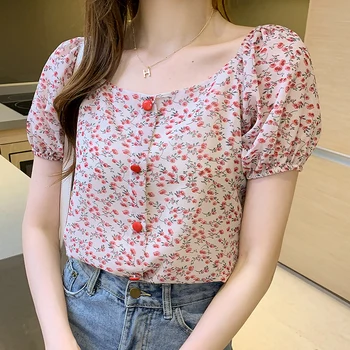 Novo korejska različica 2021 poletje ženske majice, bluze majhne sveže cvjetnim tiskanja buckled šifon shirt O-Vratu