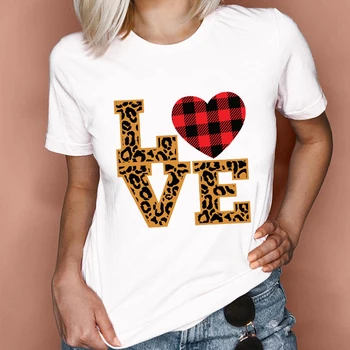 Ženske Grafični Leopard Cvetlični Ljubezen Valentinovo Tiskanje Pomlad Poletje Moda Obleke Lady Vrhovi Tees Tiskanja Tshirt Ženske T-Shirt