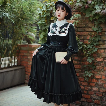 Vintage Vezene Žamet Lolita Moda, Gotika Obleko Gothic Vestido Gotic Lolitas Vestido Viktorijanski Dolg Rokav Princesa Čipke