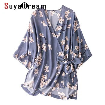 SuyaDream Ženska Cvetlični Bluze Svile Crpe Obloge Svoboden Bluzo Srajce 2021 Pomlad Poletje Kimono Bluzo