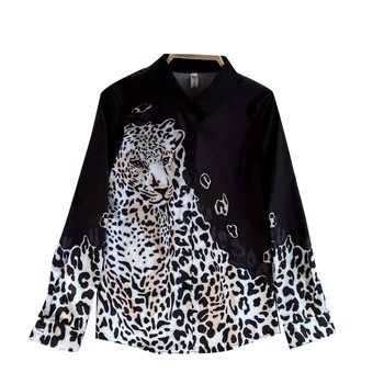 Moda Leopard Print Majica Ženske River beloprsi Singl Dolg rokav Bluzo, Womens vrhovi in Bluze Svoboden Priložnostne Srajce Šifon