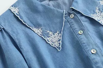 Vezenje traper majica ženske ulične pomlad mehko kavbojke, majico z dolgimi rokavi svetlo modra priložnostne ohlapno majico vrhovi bombaž