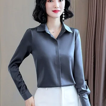 Saten Elegantne Ženske Bluze 2021 Pomlad Long Sleeve Vintage Srajce, iz Svile Ženske Vrhovi delovna oblačila Modni Blusas Gumb Srajce X264