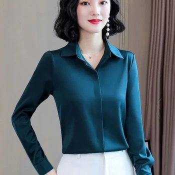 Saten Elegantne Ženske Bluze 2021 Pomlad Long Sleeve Vintage Srajce, iz Svile Ženske Vrhovi delovna oblačila Modni Blusas Gumb Srajce X264