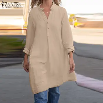 Elegantno Tunika Vrh ZANZEA Ženske Gumb Gor Majico Priložnostne Long Sleeve Solid Bluzo Bombaž Skladu Srajca Ženska Tunika Blusas